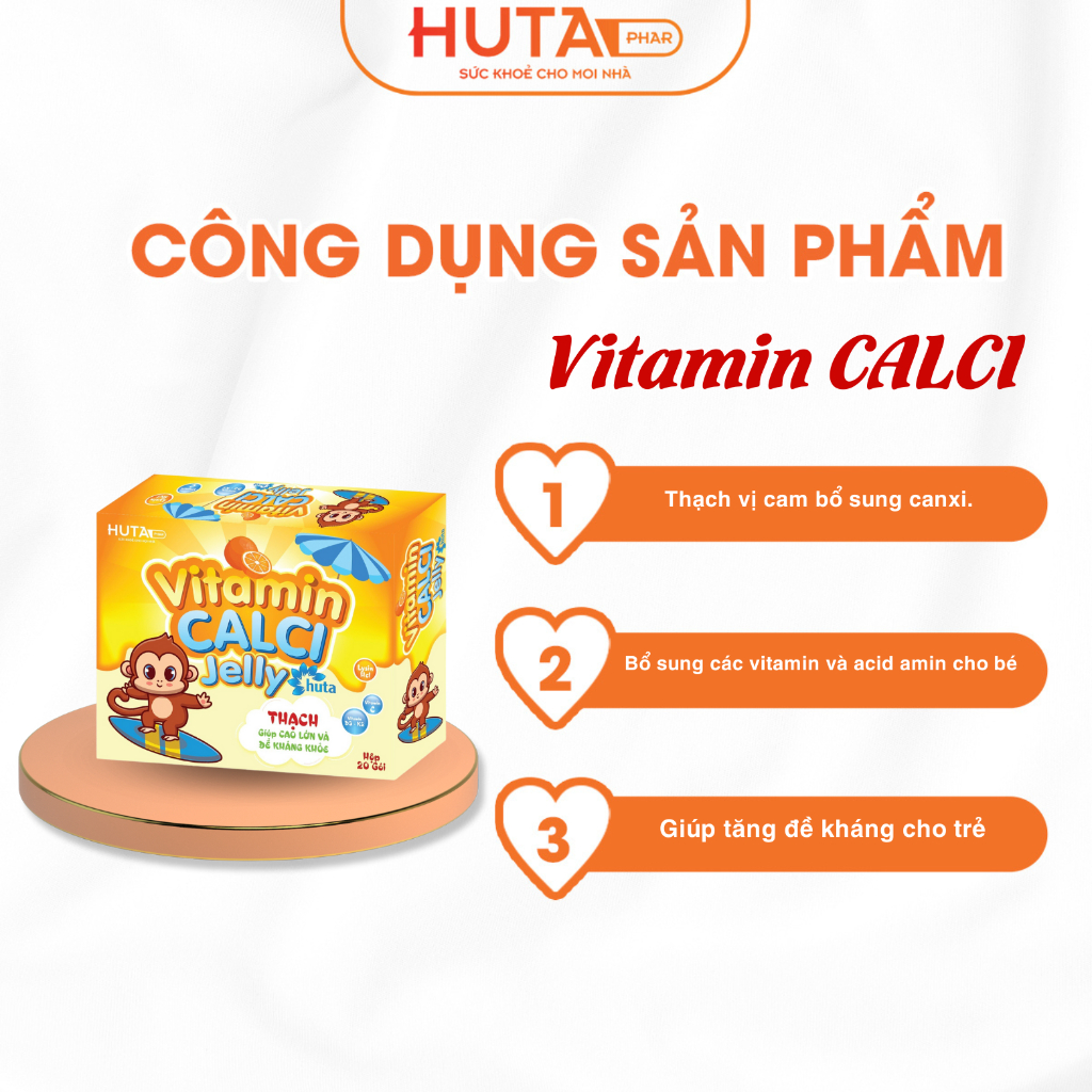 Thạch canxi cho bé VITAMIN CALCI HUTA, bổ sung canxi, D3K2, Kẽm cho trẻ, hộp 20 gói