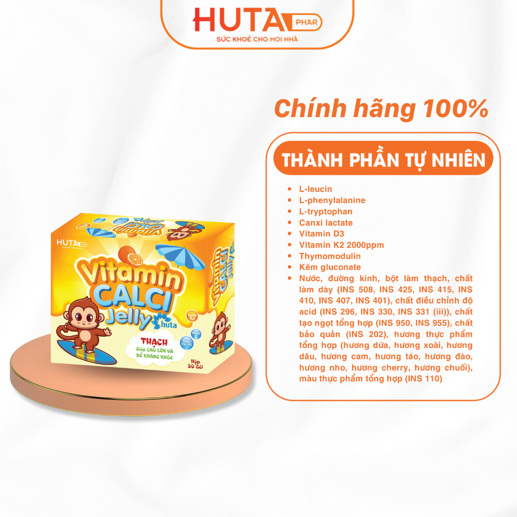 Thạch canxi cho bé VITAMIN CALCI HUTA, bổ sung canxi, D3K2, Kẽm cho trẻ, hộp 20 gói