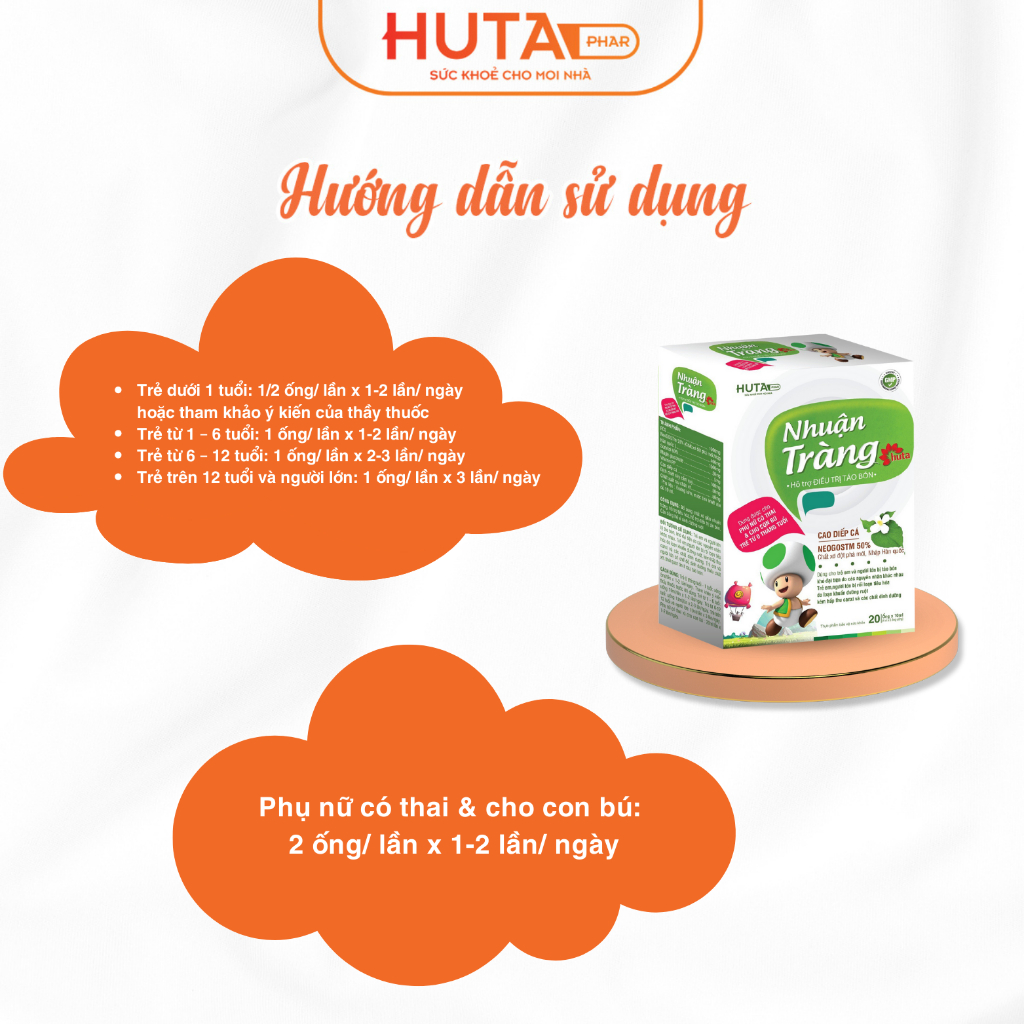 Giảm táo bón cho bé - NHUẬN TRÀNG HUTA - Bổ sung chất xơ hòa tan 20 ống*10ml