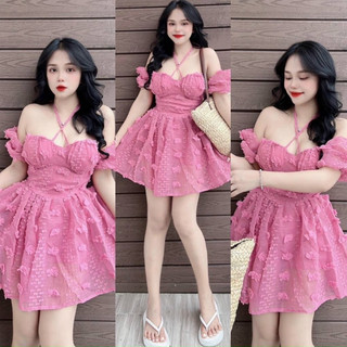 Đầm cổ vuông tay phồng bông lông dáng ngắn xoè hở lưng