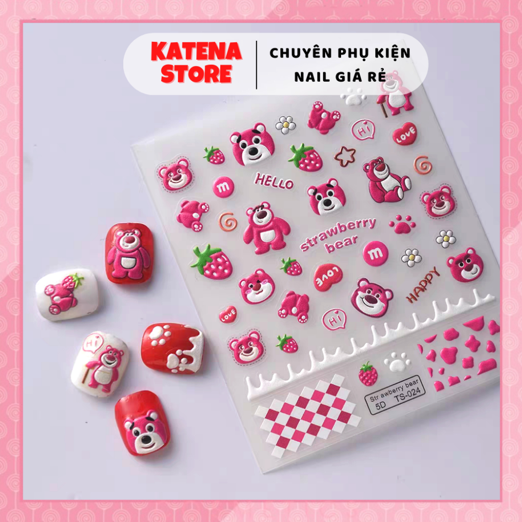 Sticker Dán Trang Trí Móng Tay 5D Nổi Hình Gấu Dâu Lotso Strawnberry Bear