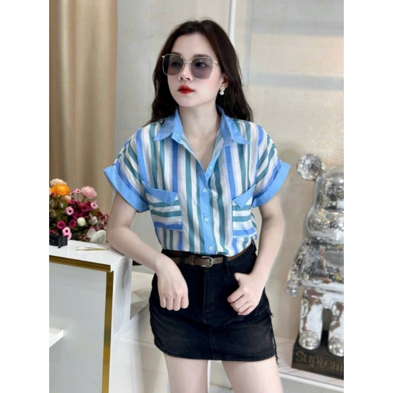 Áo sơ mi nữ kẻ,croprop bo trun gấu bán sỉ lẻ