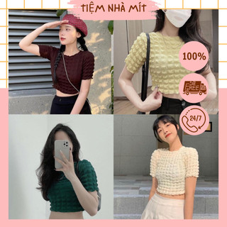 Áo crotop xốp ô vuông nữ, crotop kiểu dáng ôm cộc tay nhiều màu