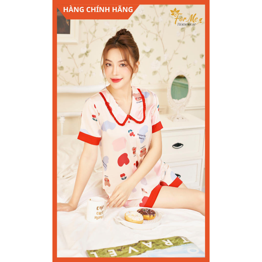 Bộ Lụa Hàn cao cấp Ngắn Tay Quần Đùi CHERRY CỔ SEN 09, Hàng Chính Hãng ForMe Pijamas