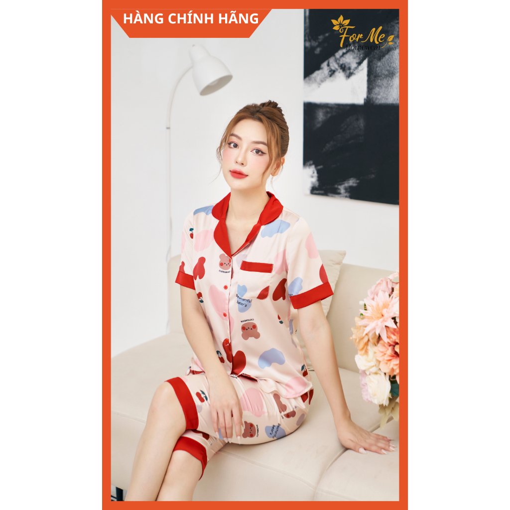 Bộ Lụa Hàn cao cấp Ngắn Tay Quần Lửng CHERRY ĐỎ PHỐI 32, Hàng Chính Hãng ForMe Pijamas