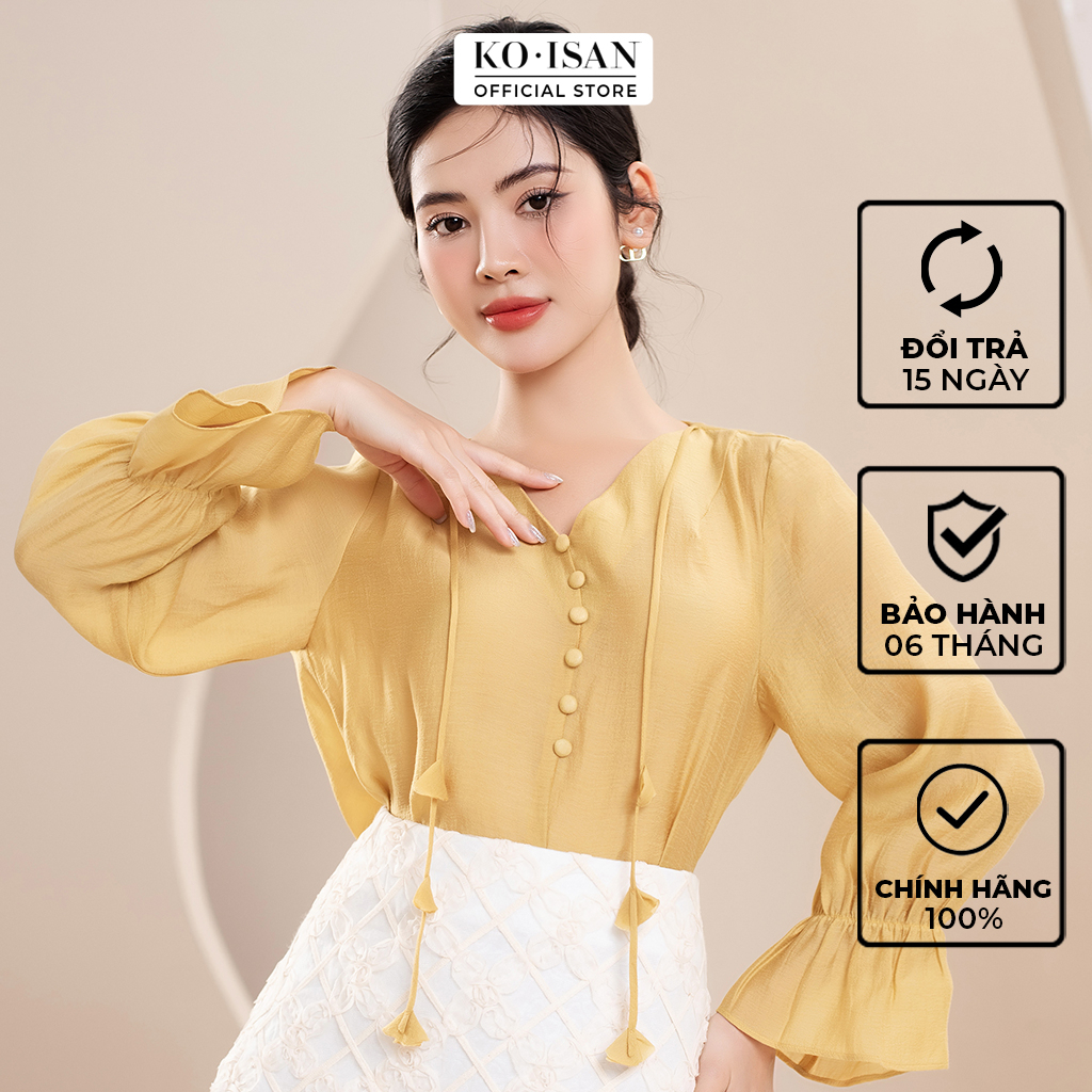 Áo sơ mi nữ KOISAN tay bồng cổ tim màu vàng mơ S2380516A