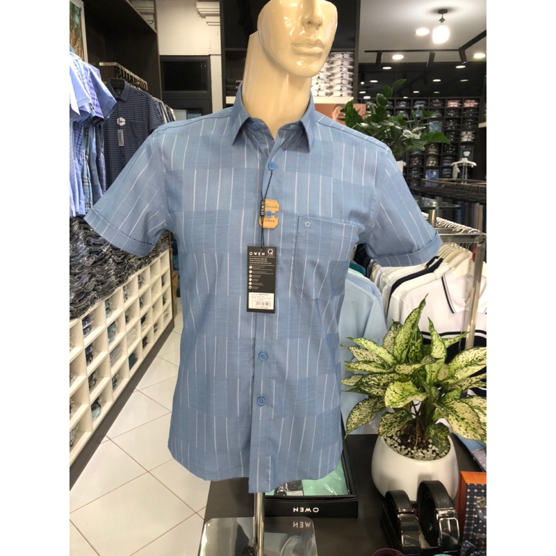 Áo sơ mi owen ngắn tay màu kẻ xanh trắng body fit vạt ngang vải sồi AB230166NT