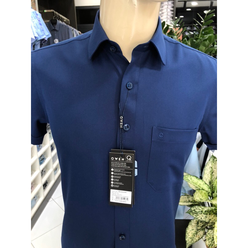 Áo sơ mi owen ngắn tay màu navy sáng body fit vạt ngang vải nano AB230020NT