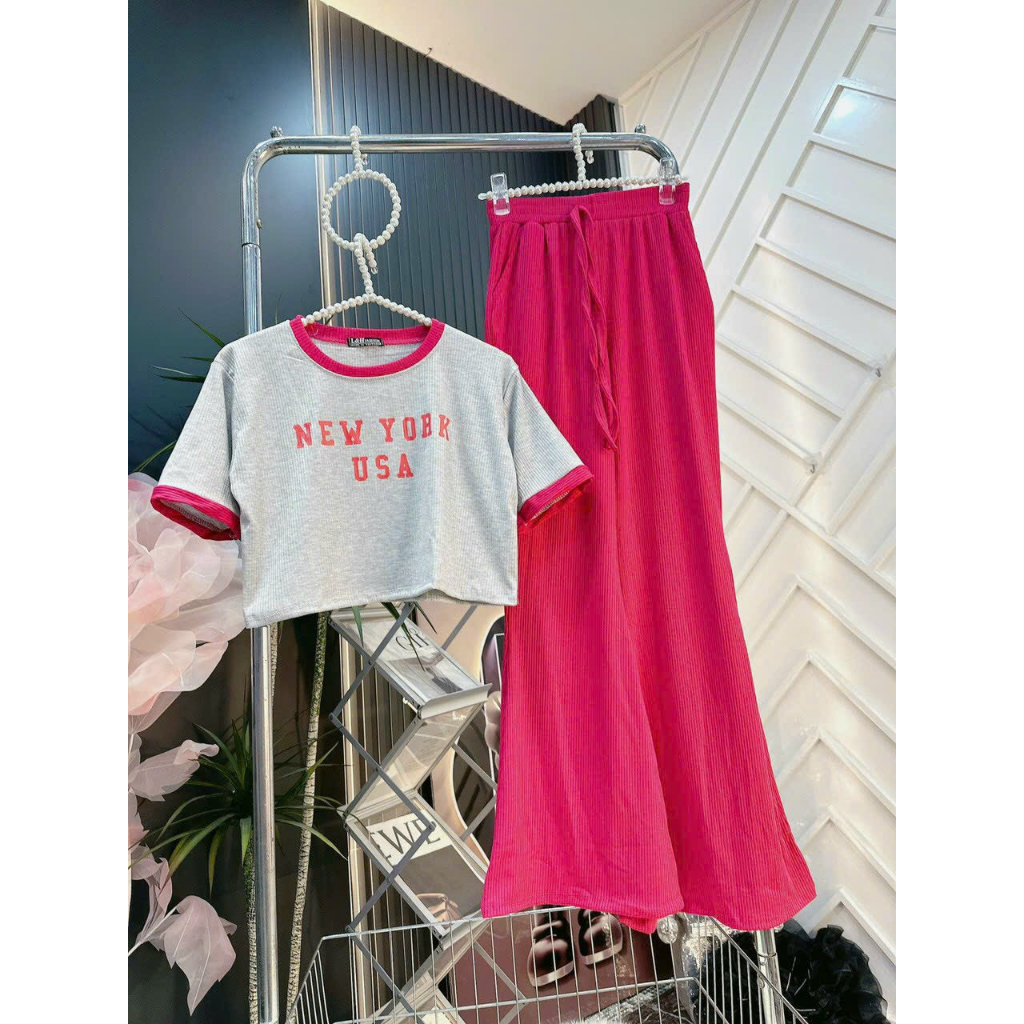 [6,6 Sales Freeship] Set bộ ulzzang phong cách hàn quốc,set thun gân áo croptop tay ngắn in hình mix quần dài ống suôngg