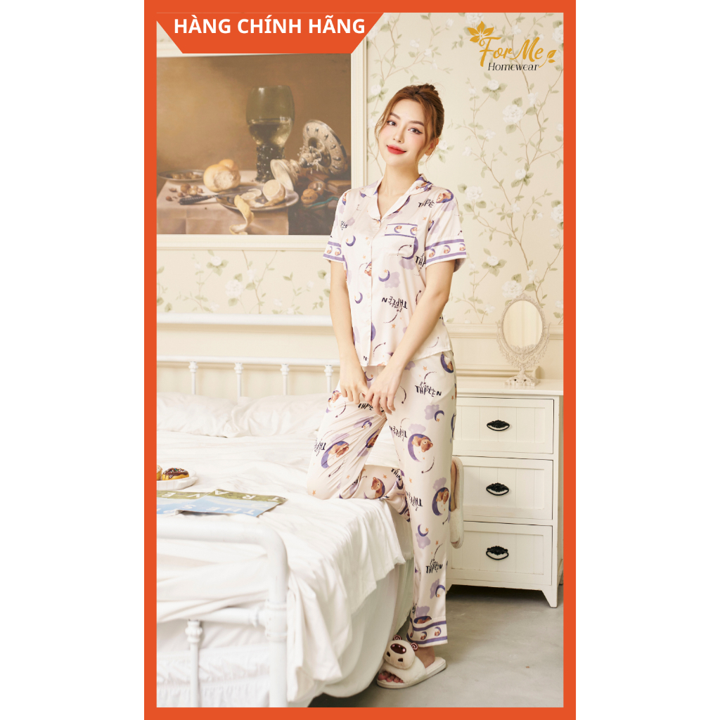 Bộ Lụa Hàn Ngắn Tay Quần Dài GẤU MẶT TRĂNG 10, Hàng Chính Hãng ForMe Pijamas
