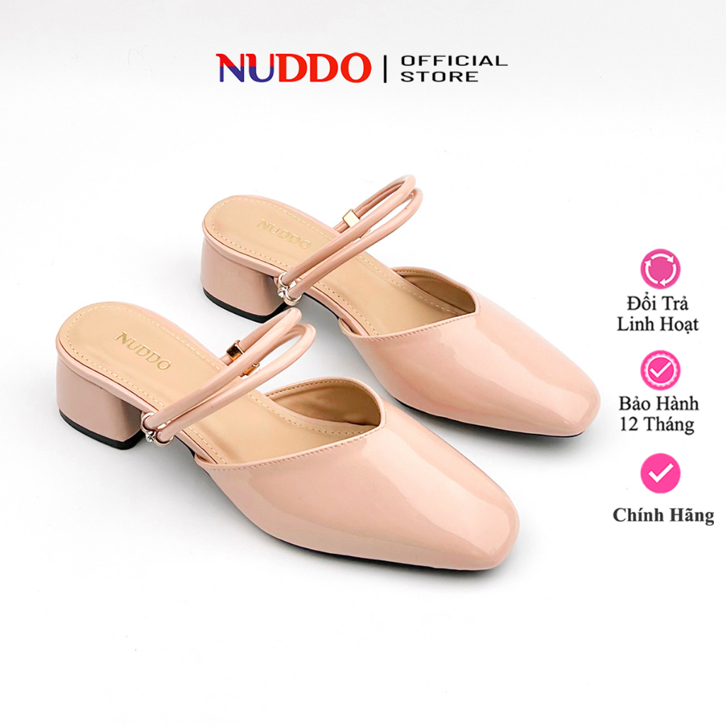 Giày sandal cao gót nữ 3 phân mũi vuông đế vuông bít mũi da bóng cao cấp Nuddo _N300