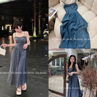 Váy đầm bò 2 dây, vấy 2 dây bò jean denim dáng dài, váy bò cúp ngực, váy bò quây thiết kế cao cấp QCCC 027