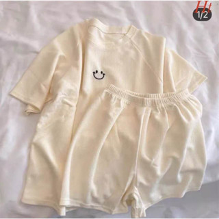 [RẺ VÔ ĐỊCH] Set bộ đồ Nữ xinh chất tổ ong dầy dặn, Quần Jogger kèm áo thun tay lỡ thêu hình mặt cười siêu dễ thương