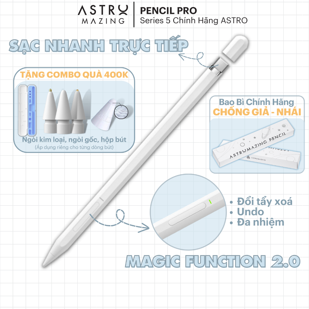 [New 2023] Bút cảm ứng Stylus cho iPad AstroMazing Pencil Pro 5 chống chạm nhầm dành cho iPad từ 2018 trở đi