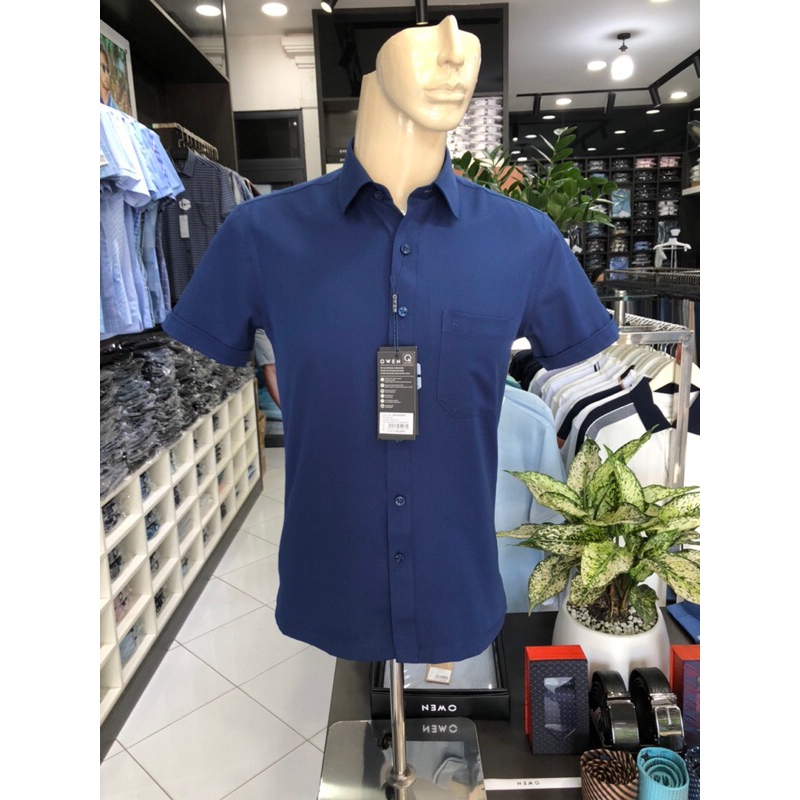 Áo sơ mi owen ngắn tay màu navy sáng body fit vạt ngang vải nano AB230020NT