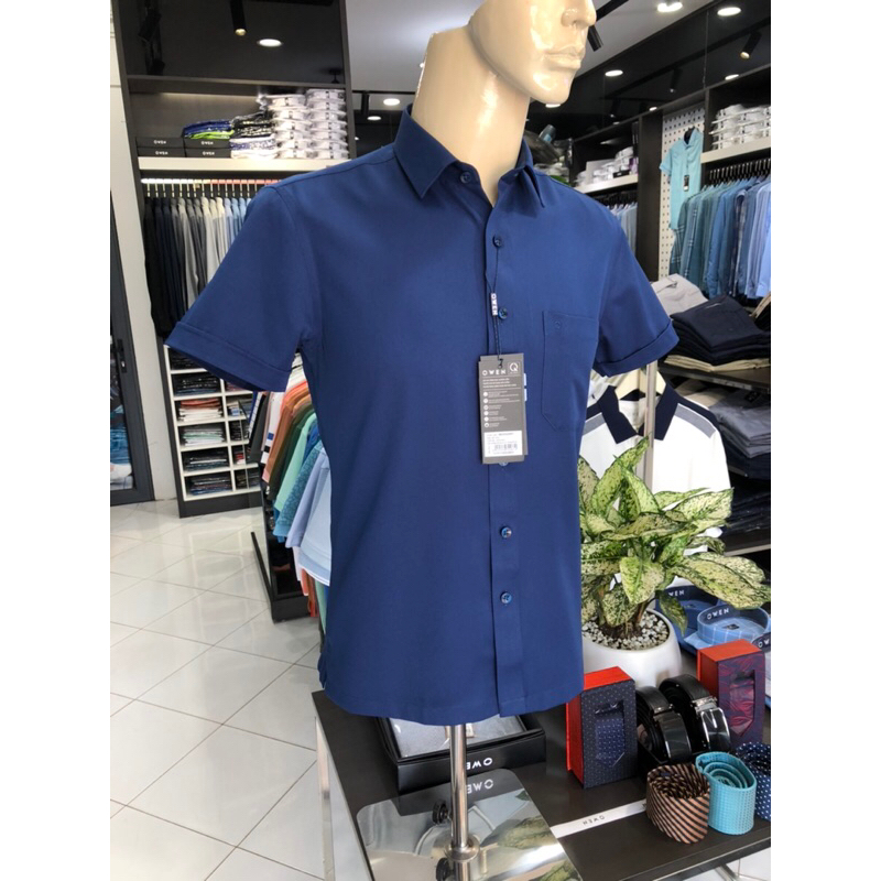 Áo sơ mi owen ngắn tay màu navy sáng body fit vạt ngang vải nano AB230020NT