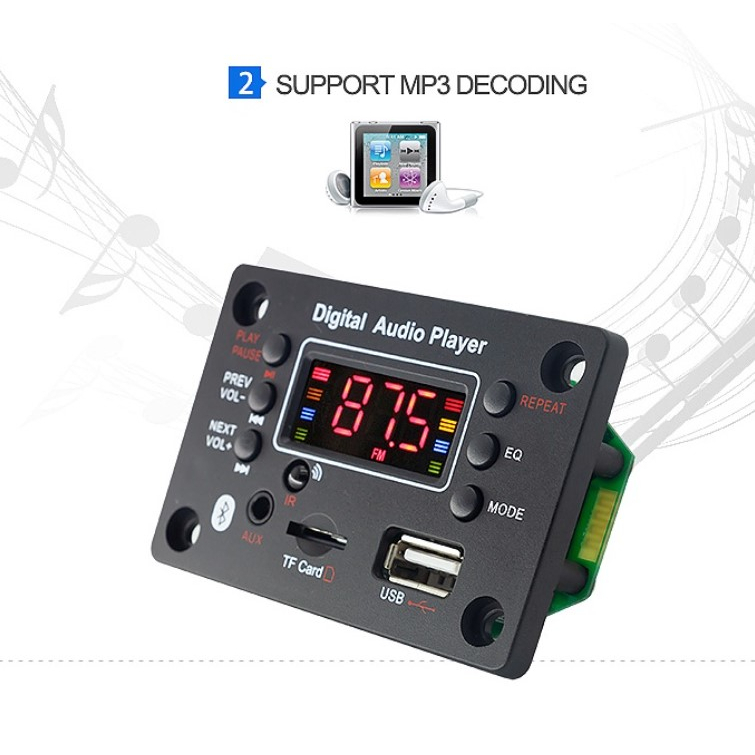 Mạch MP3 Bluetooth 5.0 Dùng chế loa Bluetooth, có FM và phát nhạc từ thẻ nhớ MicroSD+USB. Kèm remote