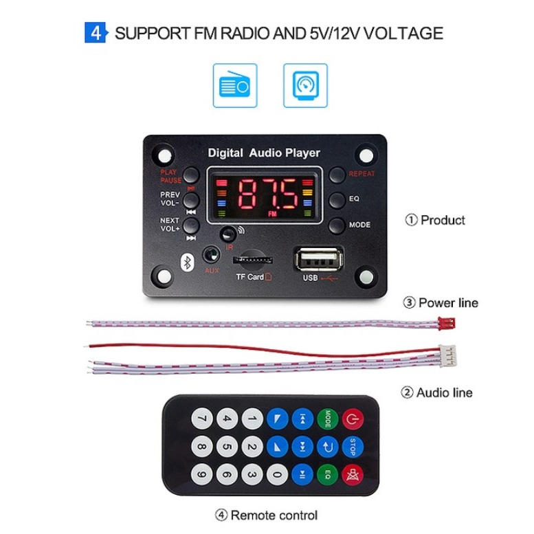 Mạch MP3 Bluetooth 5.0 Dùng chế loa Bluetooth, có FM và phát nhạc từ thẻ nhớ MicroSD+USB. Kèm remote