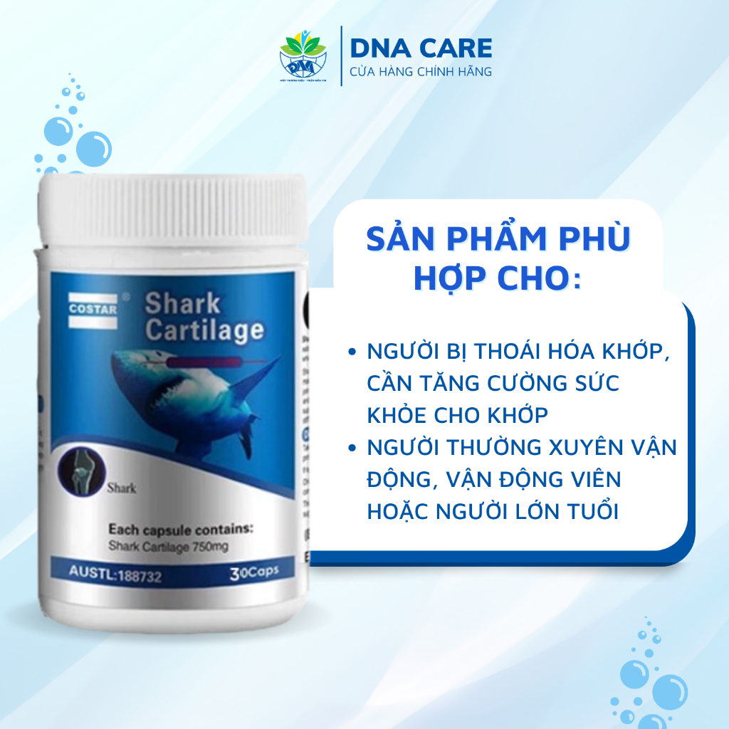 Viên uống xương khớp sụn cá mập Shark Cartilage Costar hỗ trợ tạo chất nhờn cho khớp hộp 30/120/365 viên