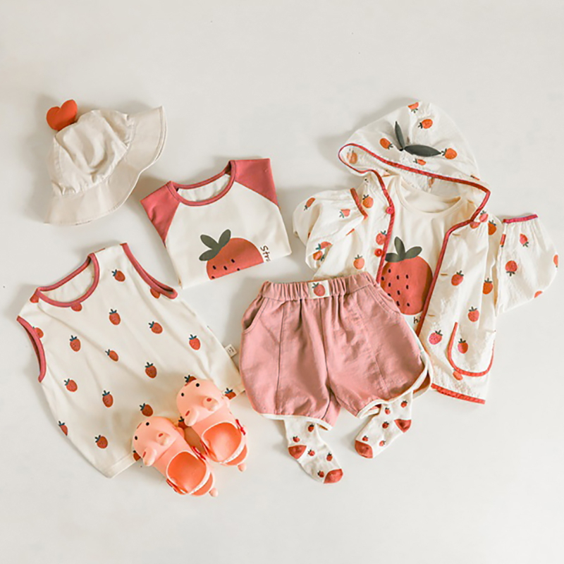 Quần áo bé gái - Bộ 6 món DÂU TÂY cho bé gái màu sắc dễ thương chất vải 100% cotton