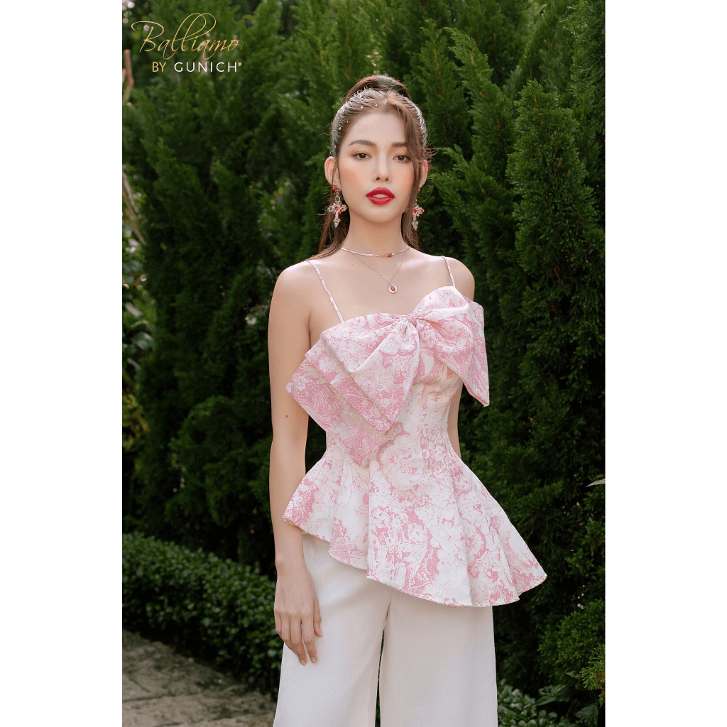 Áo peplum 2 dây đính nơ chất liệu Organza ép họa tiết cao cấp Gunich