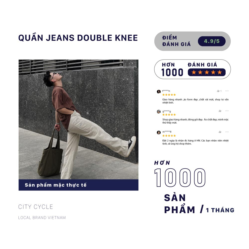 Quần Jeans Local Brand Double Knee City Cycle unisex form rộng nam nữ oversize