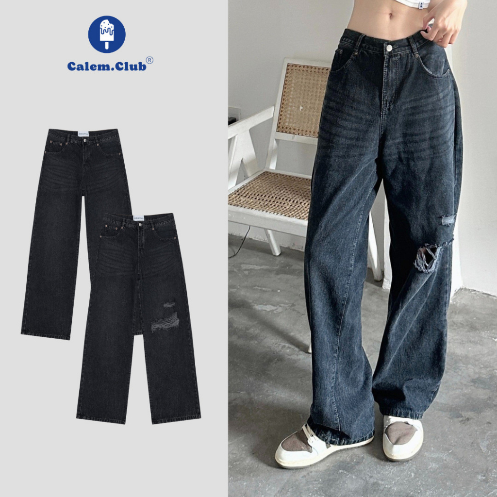 Quần Baggy Jean wash màu ống rộng cạp trễ form unisex nam nữ Brand Calem.Club chính hãng
