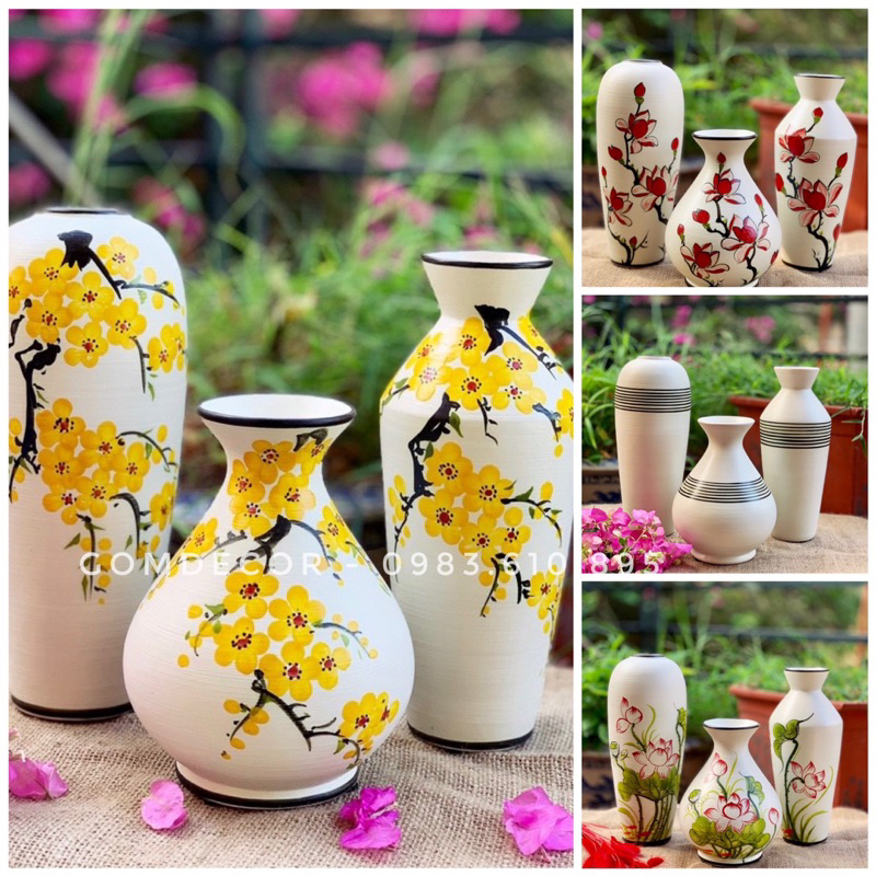 Bộ 3 Lọ Hoa Vuốt Tay Bát Tràng, Cắm Hoa, Trang Trí Nhà Cửa