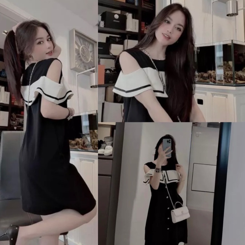 Đầm suông trễ vai dáng dài cổ trắng cách điệu sat nách - Váy tiểu thư chất đũi hở vai form rộng thời trang