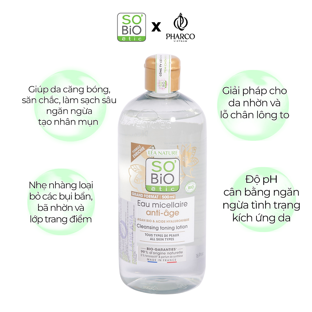 Nước tẩy trang thuần chay SoBio Micellar Water làm sạch sâu chống oxy hoá dịu nhẹ chọ mọi loại da 500ml