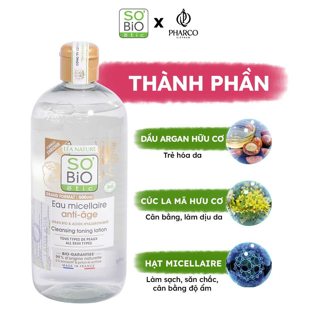 Nước tẩy trang thuần chay SoBio Micellar Water làm sạch sâu chống oxy hoá dịu nhẹ chọ mọi loại da 500ml