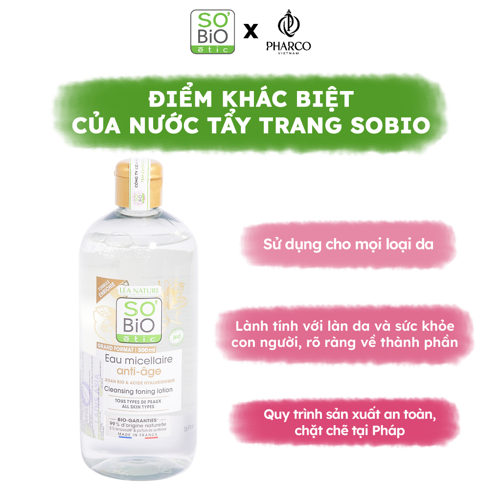 Nước tẩy trang thuần chay SoBio Micellar Water làm sạch sâu chống oxy hoá dịu nhẹ chọ mọi loại da 500ml
