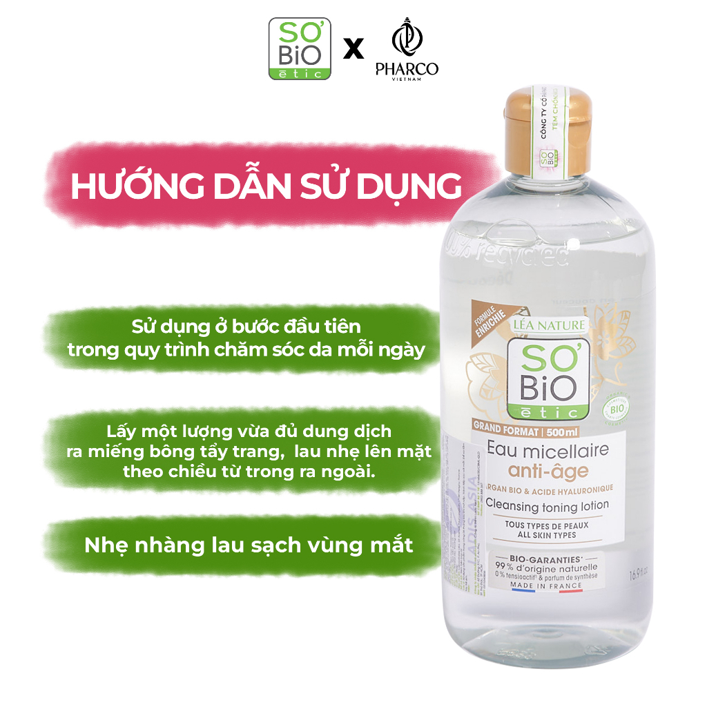 Nước tẩy trang thuần chay SoBio Micellar Water làm sạch sâu chống oxy hoá dịu nhẹ chọ mọi loại da 500ml