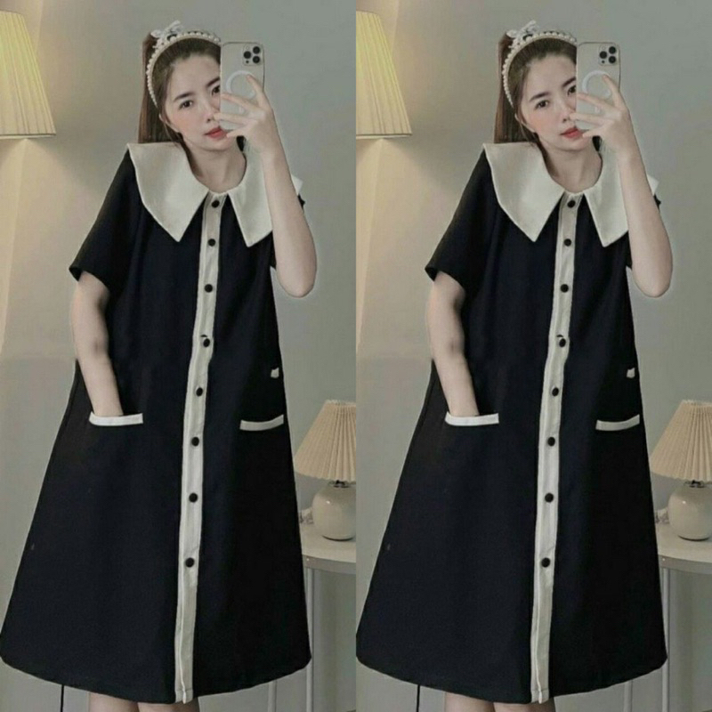 Đầm suông, váy bầu công sở cổ sen trắng cúc dọc dáng dài chất đũi mát hai túi form rộng thanh lịch