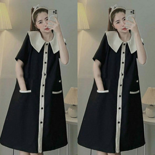 Đầm suông, váy bầu công sở cổ sen trắng cúc dọc dáng dài chất đũi mát hai túi form rộng thanh lịch