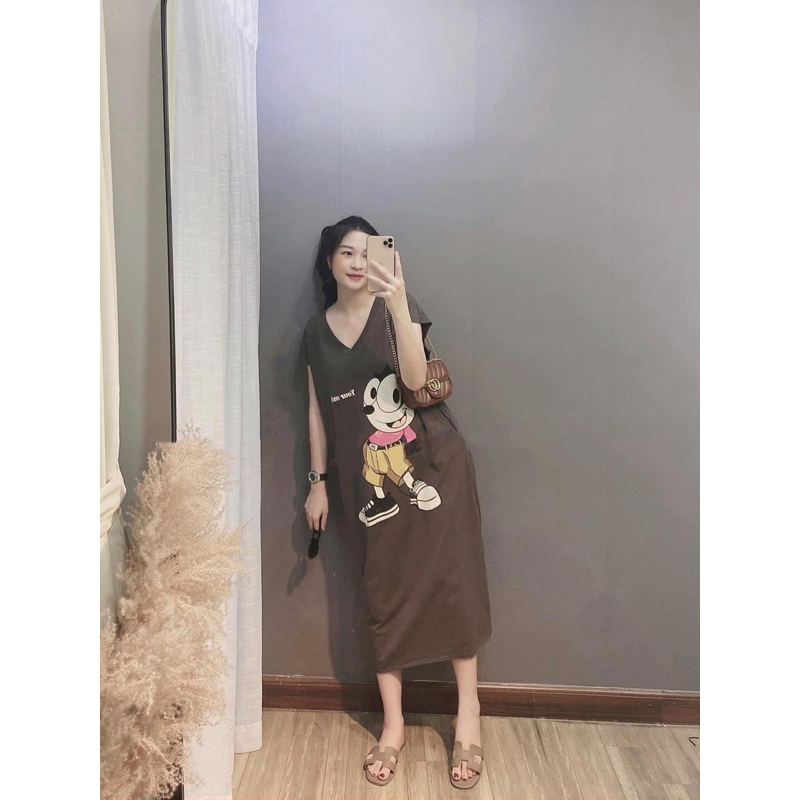 Đầm suông chất cotton cổ tim in hoạ tiết SMILE freesize dáng dài - Đầm ngủ thun co dãn from rộng hình nhím dễ thương