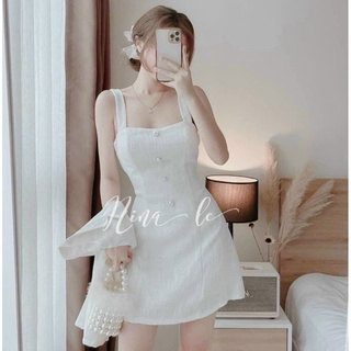 Sét Váy trắng 2 dây họa tiết đính nút ngọc  mix áo khoắc leini tay dài. Free sz 40-53kg