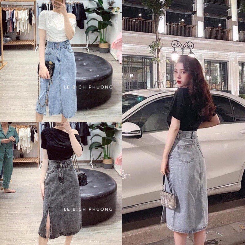 Chân váy jeans 2 khuy nắp túi style #090
