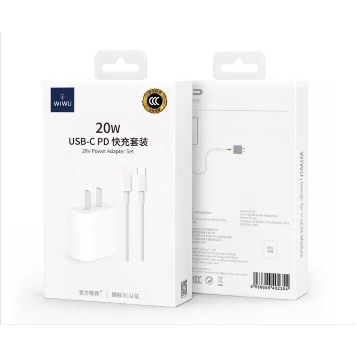 Bộ sạc nhanh và củ sạc nhanh Wiwu Power Adapter 20w RY-A20  kèm cáp Wiwu 20w dài 1m đi kèm - Hàng chính hãng