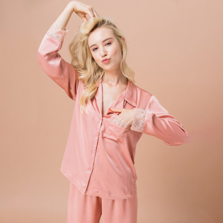 Bộ Pyjama Lụa Phối Ren Màu Hồng Đào Tay Dài Bộ Ngủ Mặc Nhà- After Bath PJ014PINK