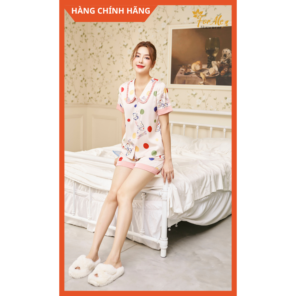 Bộ Lụa Hàn Ngắn Tay Quần Đùi SWEET NƠ 09, Hàng Chính Hãng ForMe Pijamas