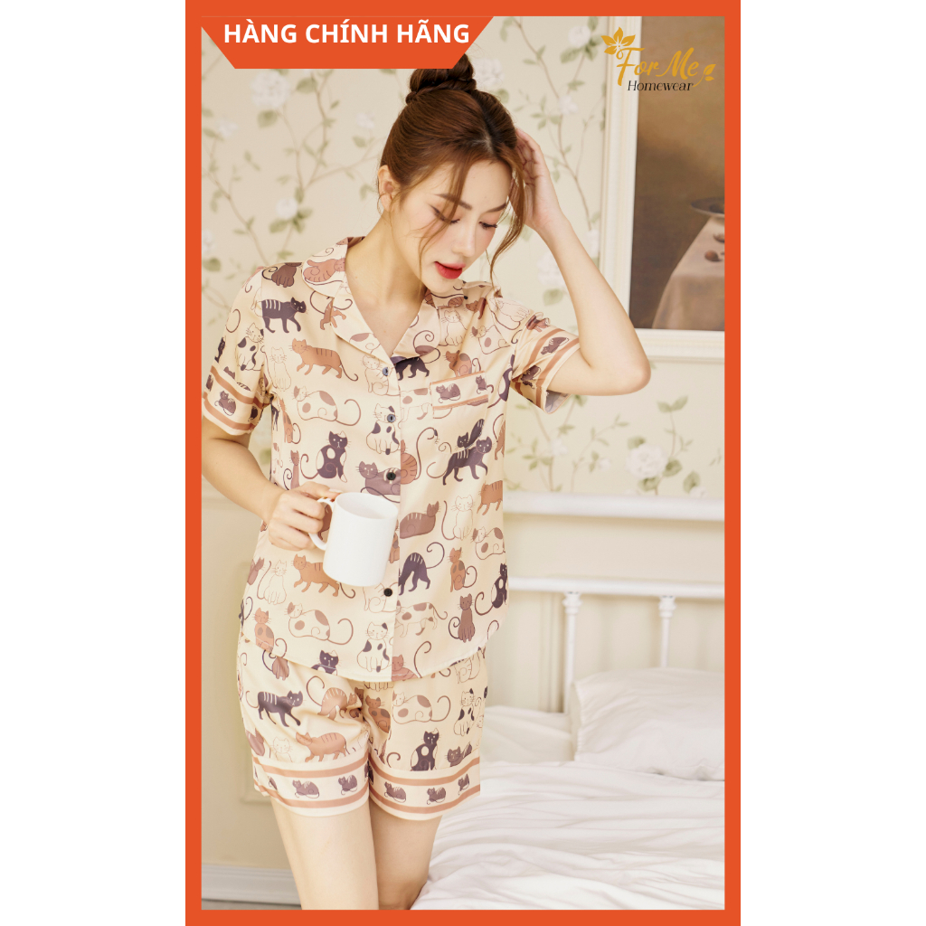 Bộ Lụa Hàn Ngắn Tay Quần Đùi MÈO NÂU 09, Hàng Chính Hãng ForMe Pijamas