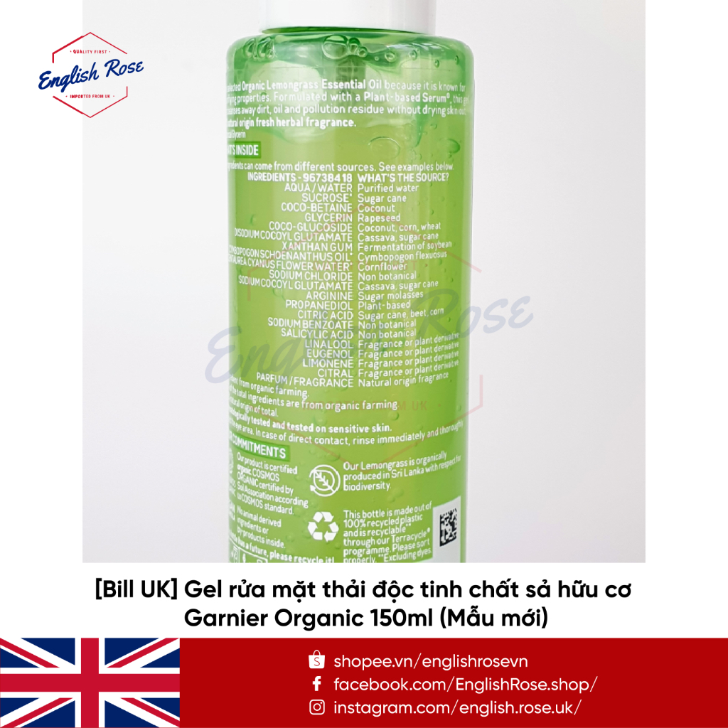 Gel rửa mặt thải độc tinh chất sả hữu cơ Garnier Organic 150ML