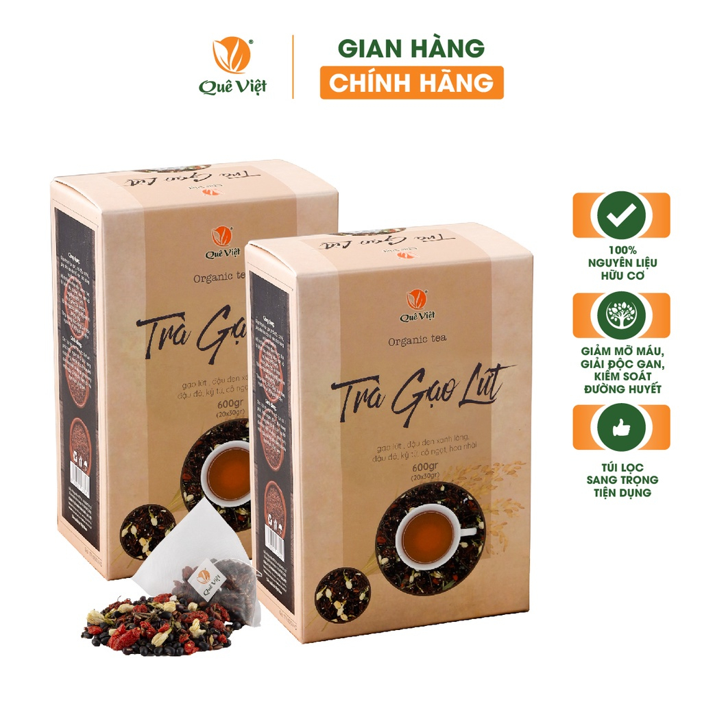 COMBO 2 HỘP - Trà gạo lứt Quê Việt - Hộp 20 túi, 600g trà túi lọc nguyên liệu thiên nhiên hữu cơ