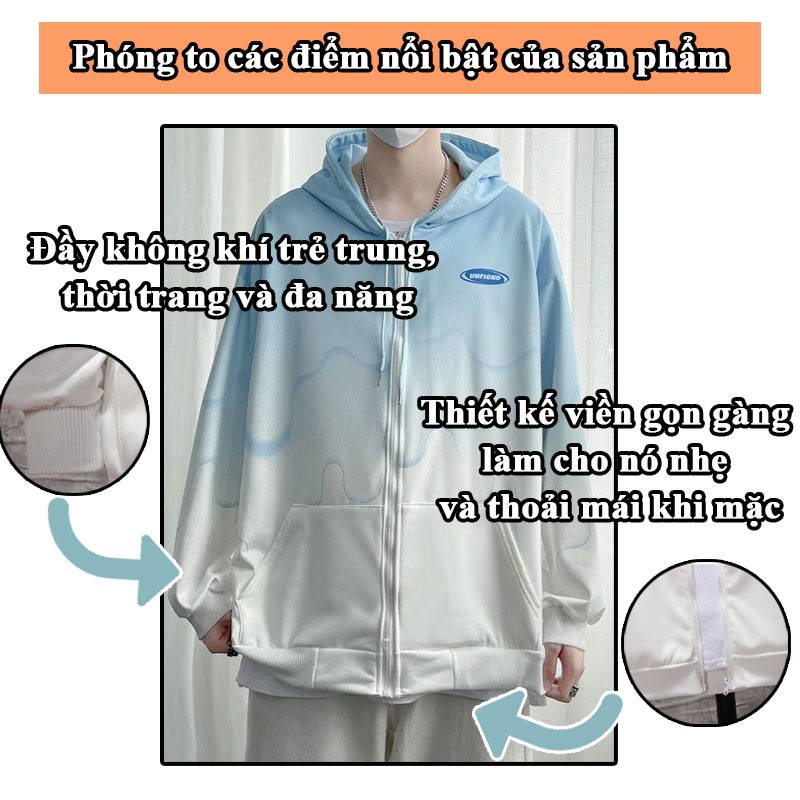 Áo khoác hoodie zip Áo Khoác Bóng Chày Màu Gradien mũ Unisex Form Rộng Phong Cách Đường Phố Hàn Quốc Cá Tính
