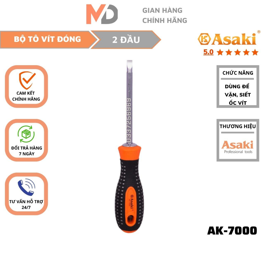 Tô vít 2 đầu cán cao su chống trượt 6x100m ASAKI AK-7000 thép hợp kim vô cùng bền chắc, siết ốc vít bằng tay.