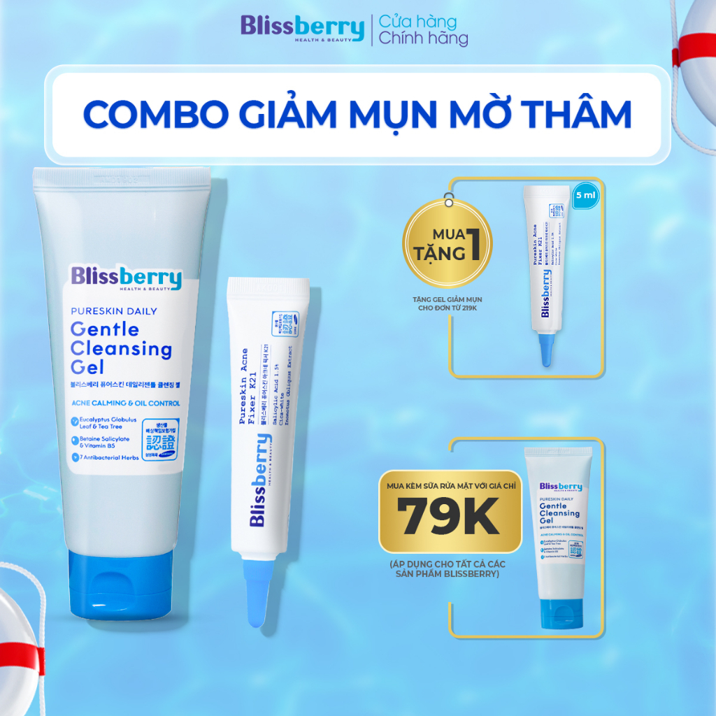 Combo Giảm mụn mờ thâm Blissberry Gel giảm mụn 15ml và Sữa rửa mặt 100ml
