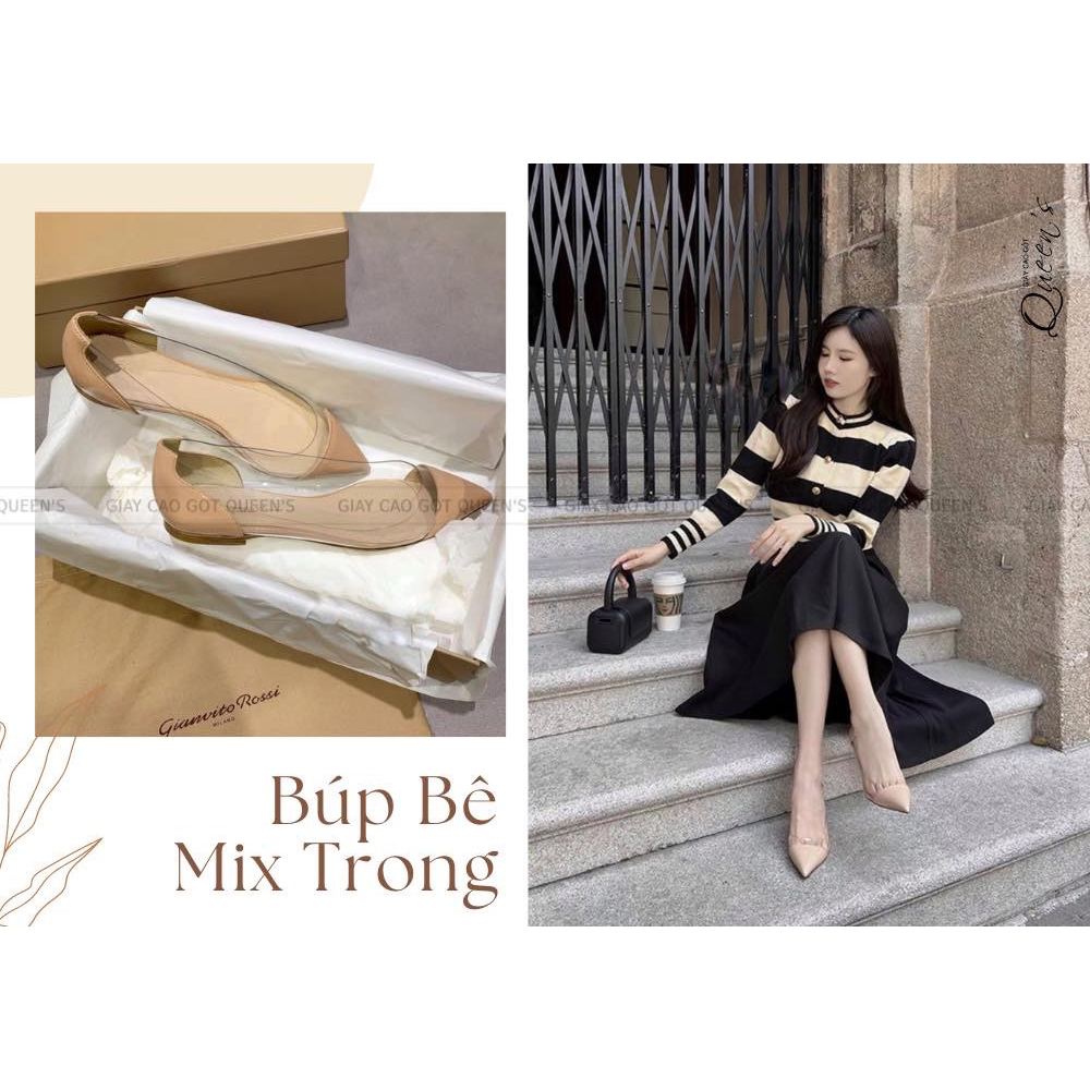 Giày Búp Bê Nữ Đế Bệt Nude Mix Trong Mũi Nhọn QUEENS STORE êm xinh dễ phối