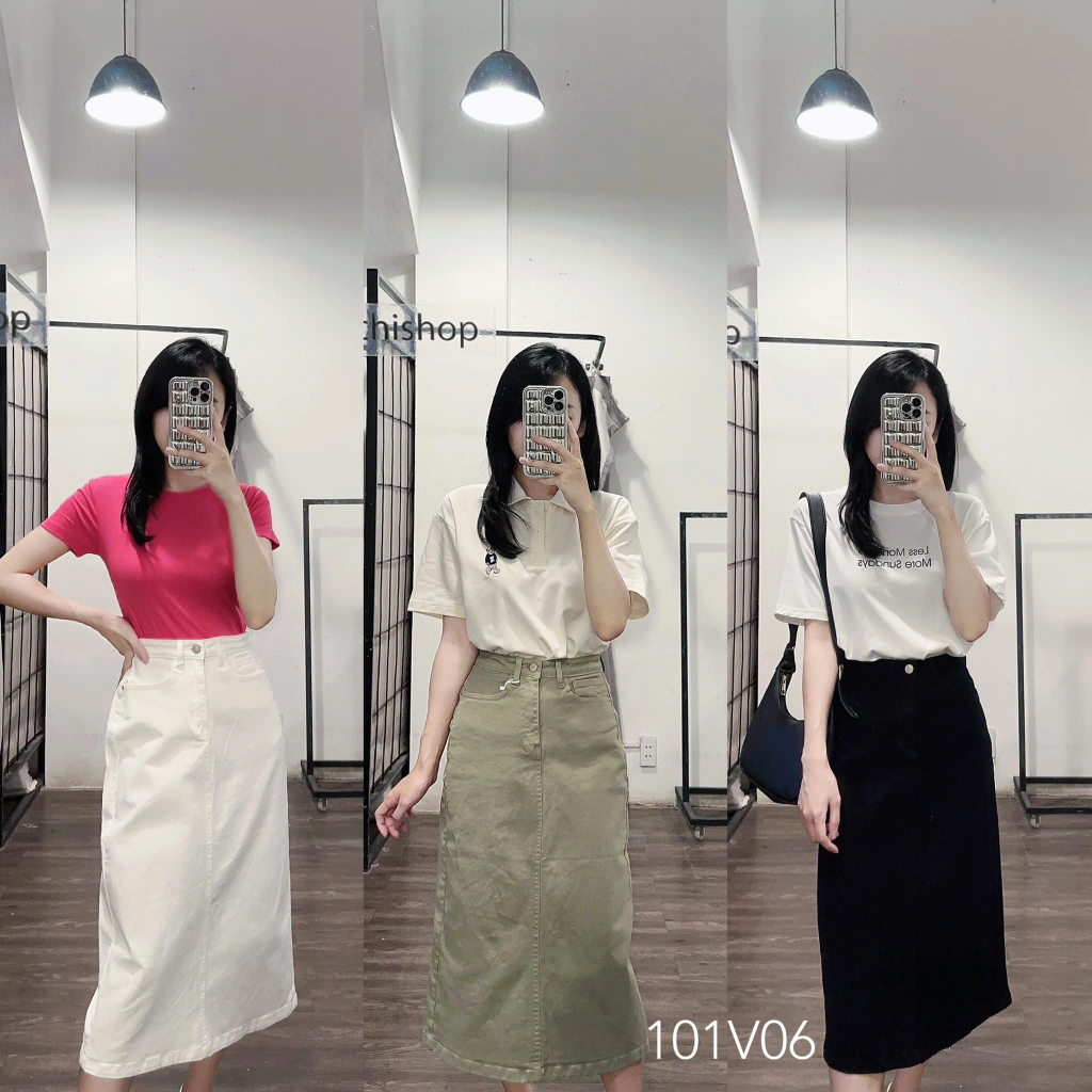 Chân váy jean chữ A dáng dài xẻ sau - 101V06