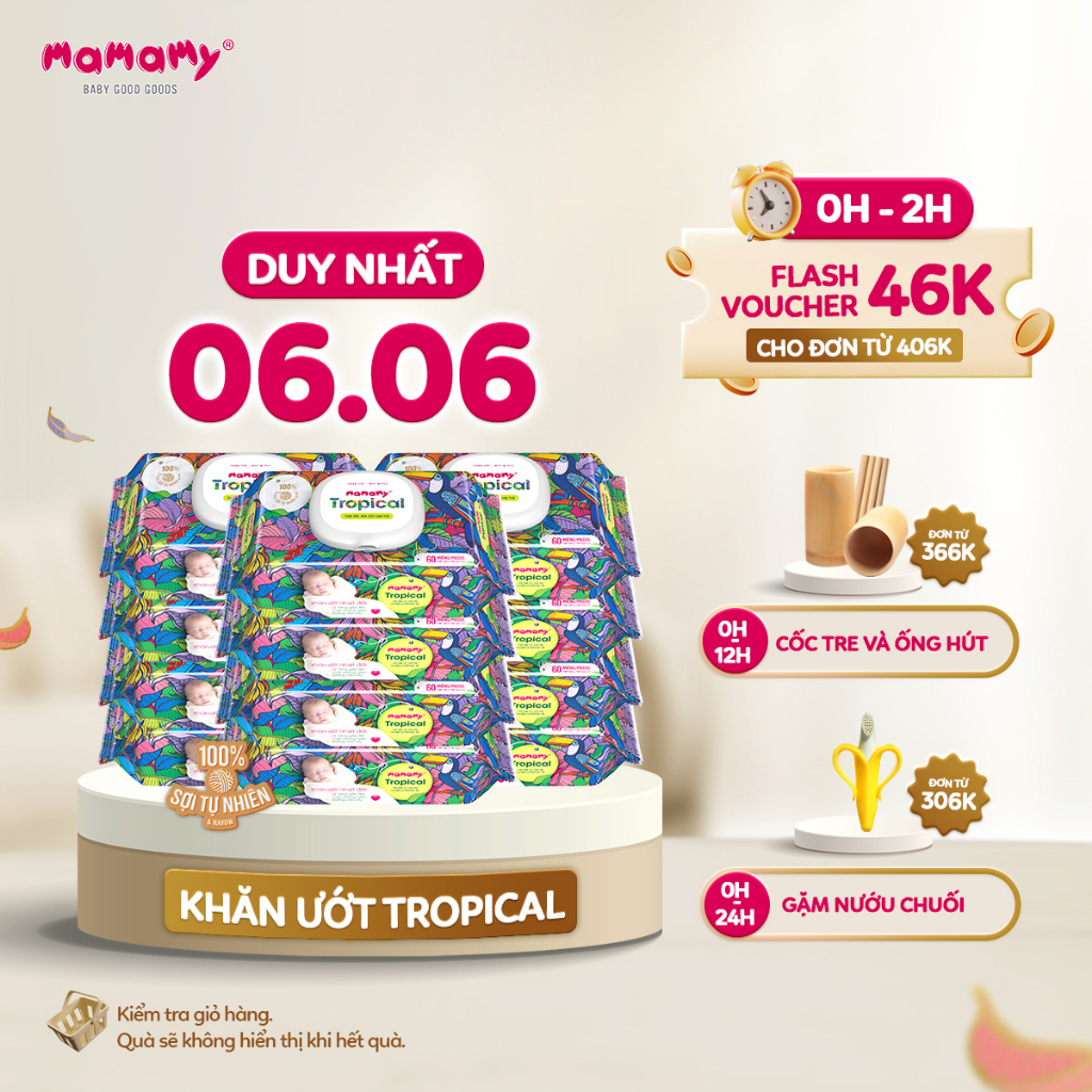Combo 12 Khăn giấy ướt 100% sợi tự nhiên và rayon Mamamy Tropical Tinh dầu cúc vạn thọ/Không mùi 90 tờ